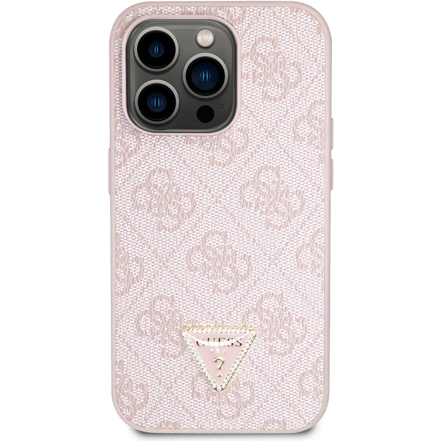 Guess PU 4G Strass Triangle Metal Logo iPhone 15 Pro rózsaszín tok (GUHCP15LP4TDPP)