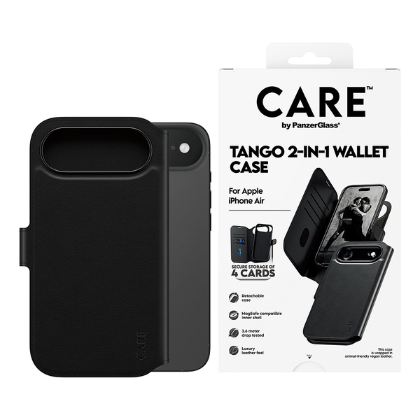 PanzerGlass CARE by ® Feature Case Tango Two-in-One Wallet w. MagSafe iPhone 17 Air mobiltelefon etui Cover Sort