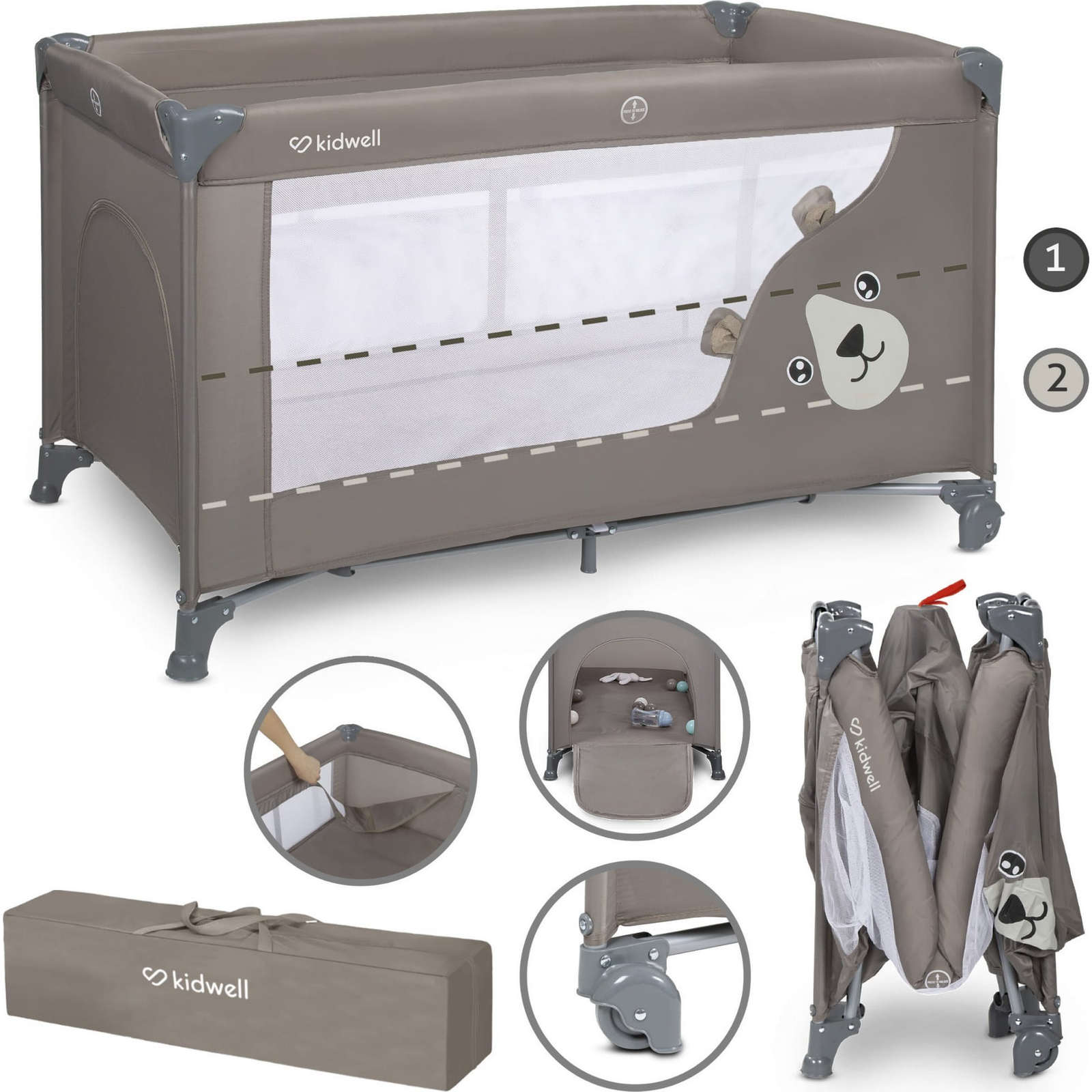 Kidwell BLISSY DUO utazóágy, szürke, macis (LOTUBLI01A2)