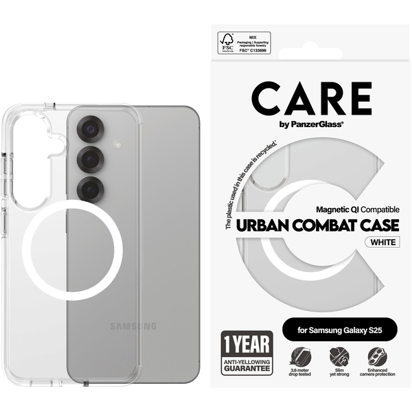 PanzerGlass CARE by ® Flagship Case Transparent Urban Combat w. White Qi Compatible Samsung Galaxy S25 кейс за мобилен телефон Калъф Прозрачен