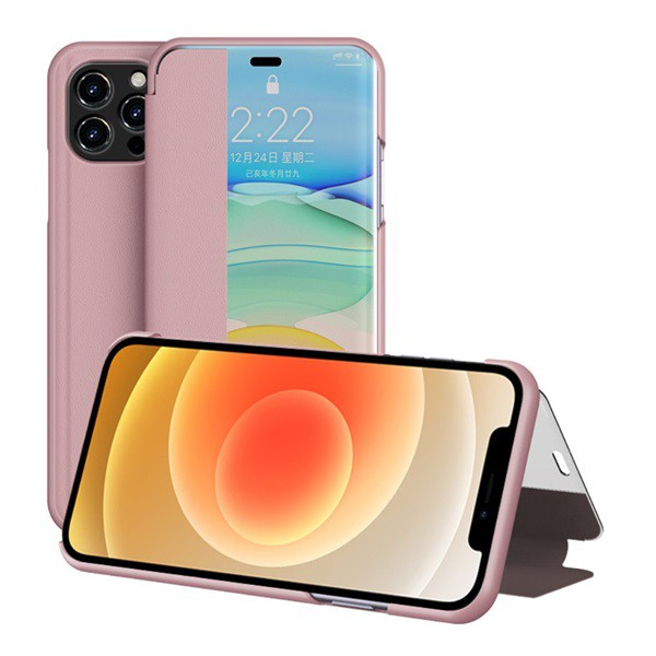 Tok álló, bőr hatású (FLIP, oldalra nyíló, asztali tartó funkció, hívószámkijelzés, View Window) RÓZSASZÍN [Apple iPhone 12 Pro Max] (5996591013589)