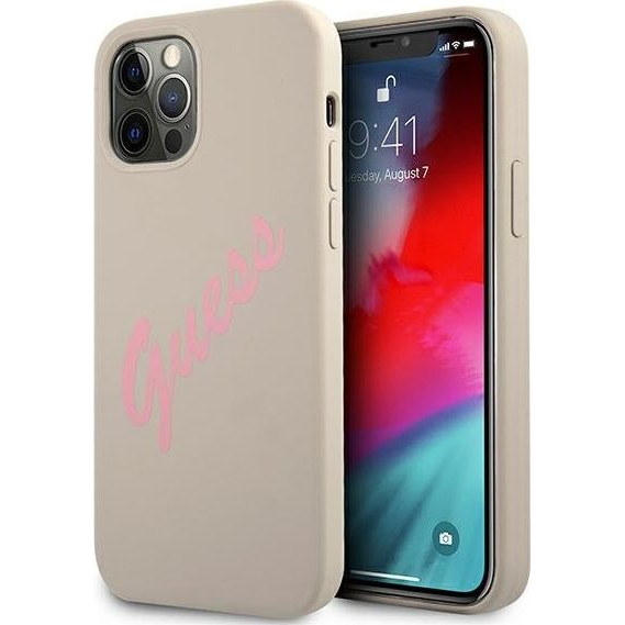 Guess Silicone Vintage Pink Script Apple iPhone 12 Pro Max hátlap tok, szürke (GUE882GRYPNK)