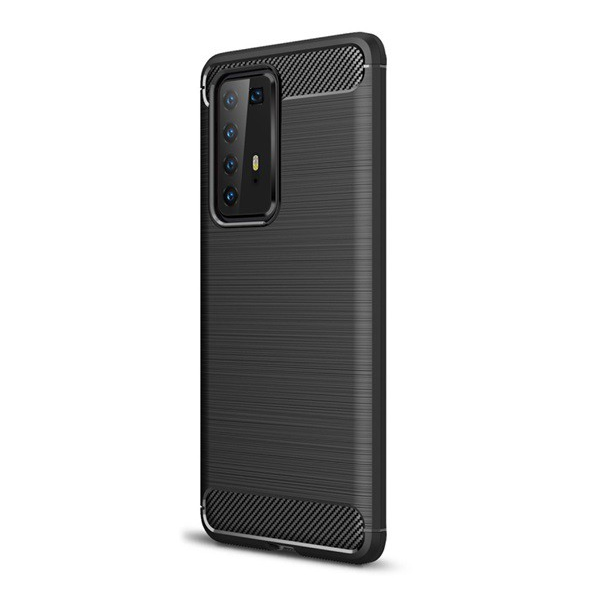 Szilikon telefonvédő (közepesen ütésálló, légpárnás sarok, szálcsiszolt, karbon minta) FEKETE [Huawei P40 Pro 5G] (5996457949755)