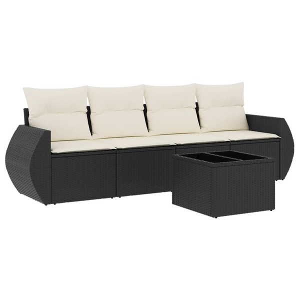 5 részes fekete polyrattan kerti kanapészett párnákkal