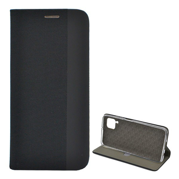 Tok álló, bőr hatású (FLIP, oldalra nyíló, asztali tartó funkció, textil minta) FEKETE [Huawei P40 Lite 4G / Nova 6 SE] (5996457963423)