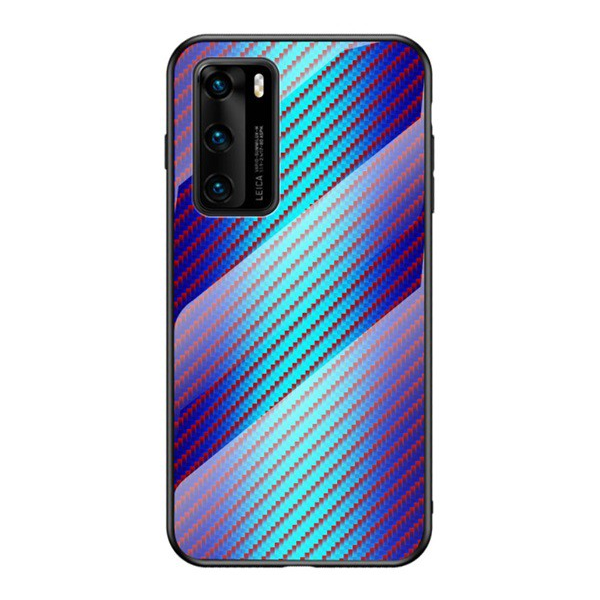 Telefonvédő szilikon keret (BUMPER, edzett üveg hátlap, karbon minta) KÉK [Huawei P40] (5996457962280)