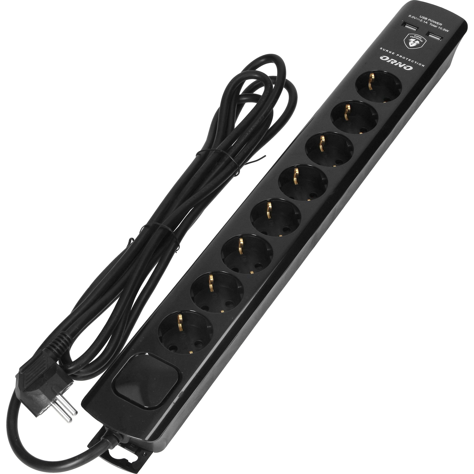 Túlfeszültségvédő Szalag, 8 db 2P+Z (Schuko) Aljzat, 3X1,5 Mm2 Kábel, 3 M, Kétsávos Világító Kapcsolóval. 16A/230Vac, 3. Típusú Túlfeszültségvédő, 2XUSB 2,1A Töltő, Fekete Színű (ORAE13244(GS)/B/3M)