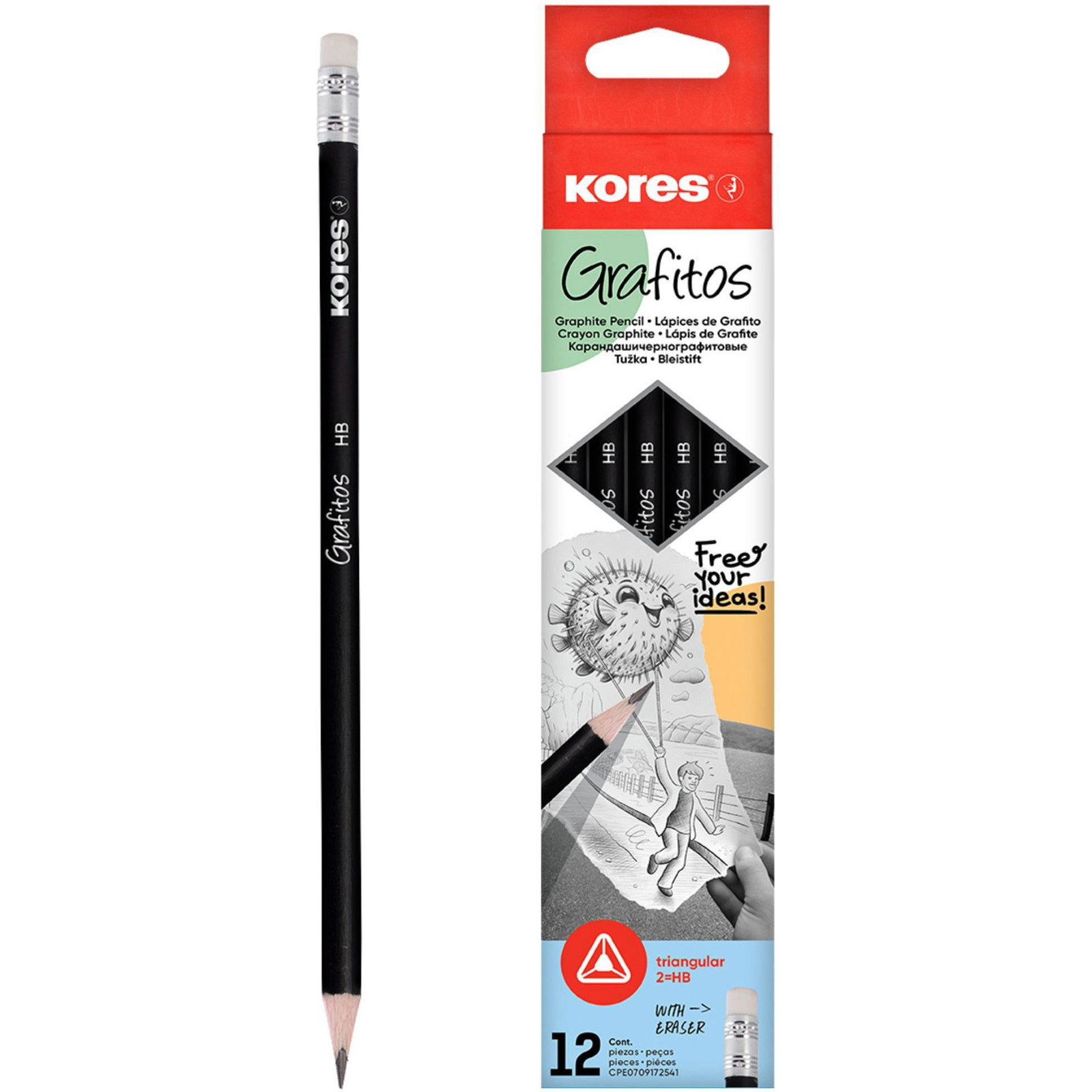 KORES grafit, háromszög HB, fehér gumival - 12 darabos csomag (92300)