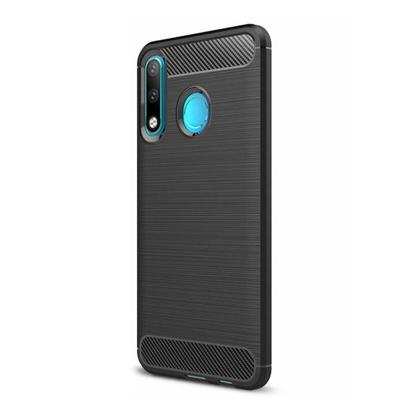 Szilikon telefonvédő (közepesen ütésálló, légpárnás sarok, szálcsiszolt, karbon minta) FEKETE [Huawei P30 Lite (Nova 4e)] (5996457946044)