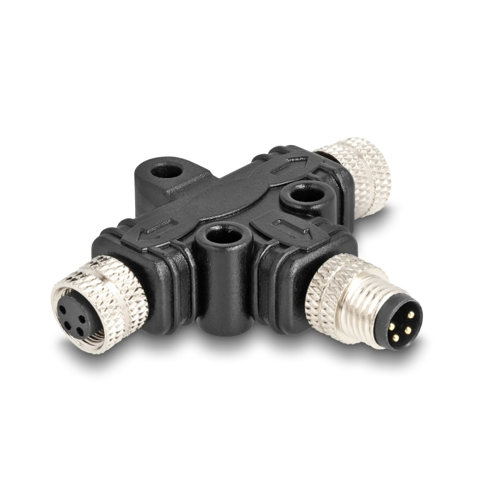 Delock M8 T-megosztó A-kódolt 4 tűs 1 x apa - 2 db. hüvely párhuzamos kapcsolással (60576) (60576)