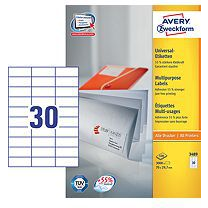 Avery-Zweckform 3489 Univerzális etikett 70 x 29.7 mm Papír Fehér 3000 db Véglegesen tapadó Színes lézernyomtatás, Lézernyomtató (3489)