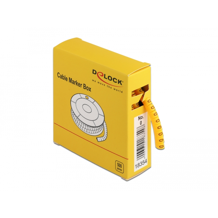Delock No.0 500db sárga kábeljelző 4-től 5mm-es átmérőjű kábelekhez, praktikus adagoló dobozban (18354) (delock18354)