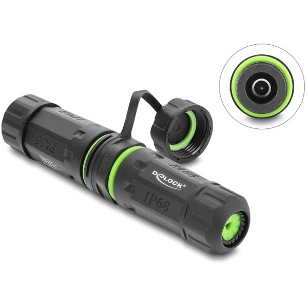 Delock Delock Kabelverbinder DC 5,5 x 2,1 mm Buchse zu DC 5,5x2, Buchse mit M20 x 1,5 mm Gewinde und Verschlusskappe mit Gehäuse kompatibel mit Starlink