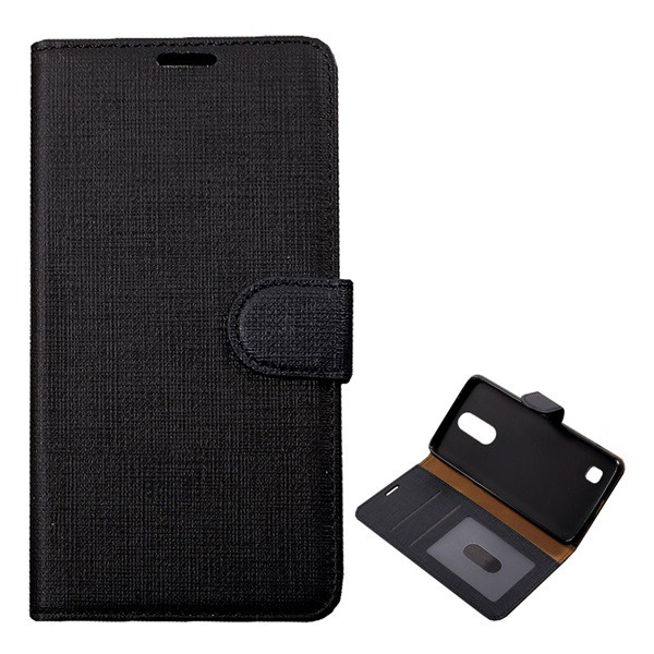 Tok álló, bőr hatású (FLIP, oldalra nyíló, asztali tartó funkció, textil hatás) FEKETE [LG K4 2017 (M160)] (5996457692194)