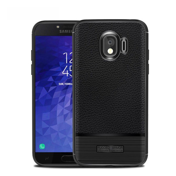 Szilikon telefonvédő (közepesen ütésálló, bőr hatású, szálcsiszolt) FEKETE [Samsung Galaxy J4 (2018) SM-J400F] (5996457795628)