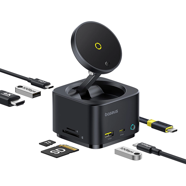 Baseus MagPro Series II 7 az 1-ben dokkoló állomás, USB-C típusú PC-csatlakozás, USB 3.2 x 1, 15 W vezeték nélküli töltés, MicroSD/SD kártyaolvasó, fekete