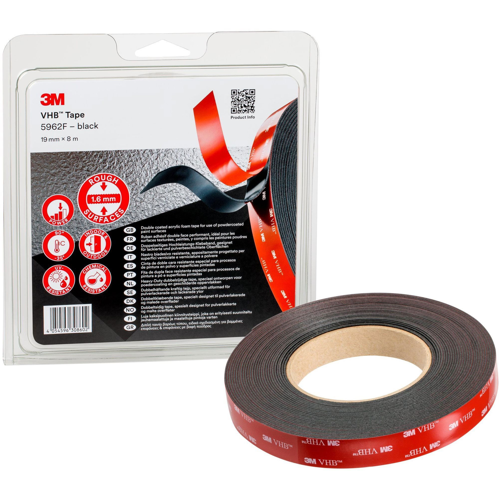 3M VHB kétoldalas, erősen ragadó akril szalag 5962F, szürke-fekete, 19 mm x 8 m (F8204)