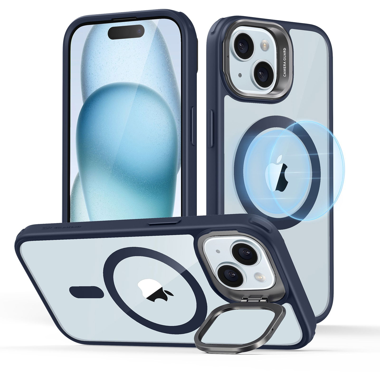 ESR Classic Hybrid Case with Stash Stand (HaloLock) - iPhone 15 kompatiblis, Clear Dark Blue (1A6720302)