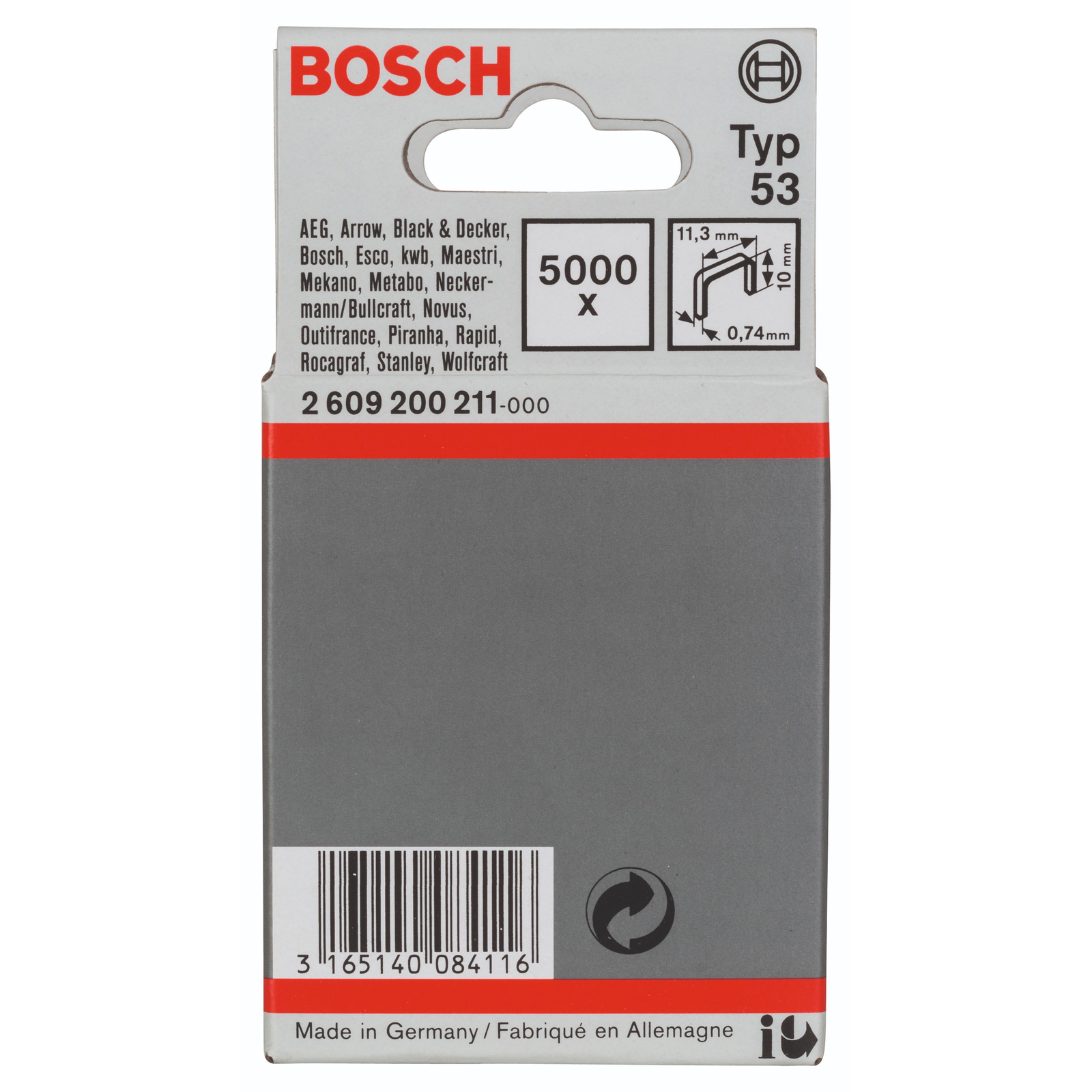 Bosch tűzőkapocs tűzőgépekhez, vékony huzalból, 53-as típus 11,4 × 0,74 × 10 mm 2.609.200.211 (2.609.200.211)