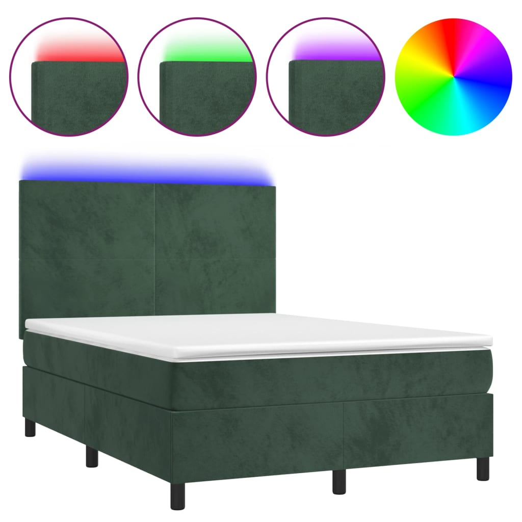 sötétzöld bársony rugós és LED-es ágy matraccal 140x190 cm (3136002)