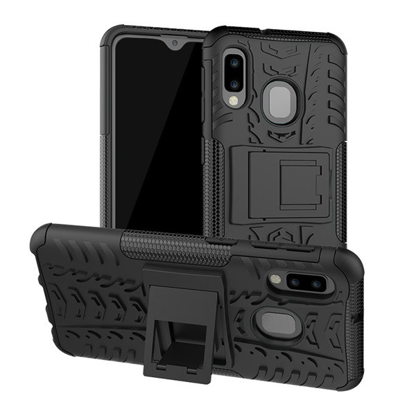 Defender műanyag telefonvédő (közepesen ütésálló, szilikon belső, kitámasztó, autógumi minta) FEKETE [Samsung Galaxy A20e (SM-A202F)] (5996457892860)