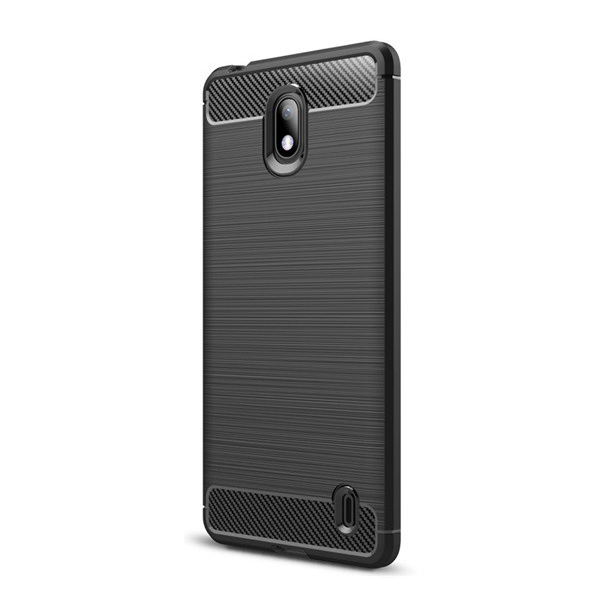 Szilikon telefonvédő (közepesen ütésálló, légpárnás sarok, szálcsiszolt, karbon minta) FEKETE [Nokia 1 Plus] (5996457883387)