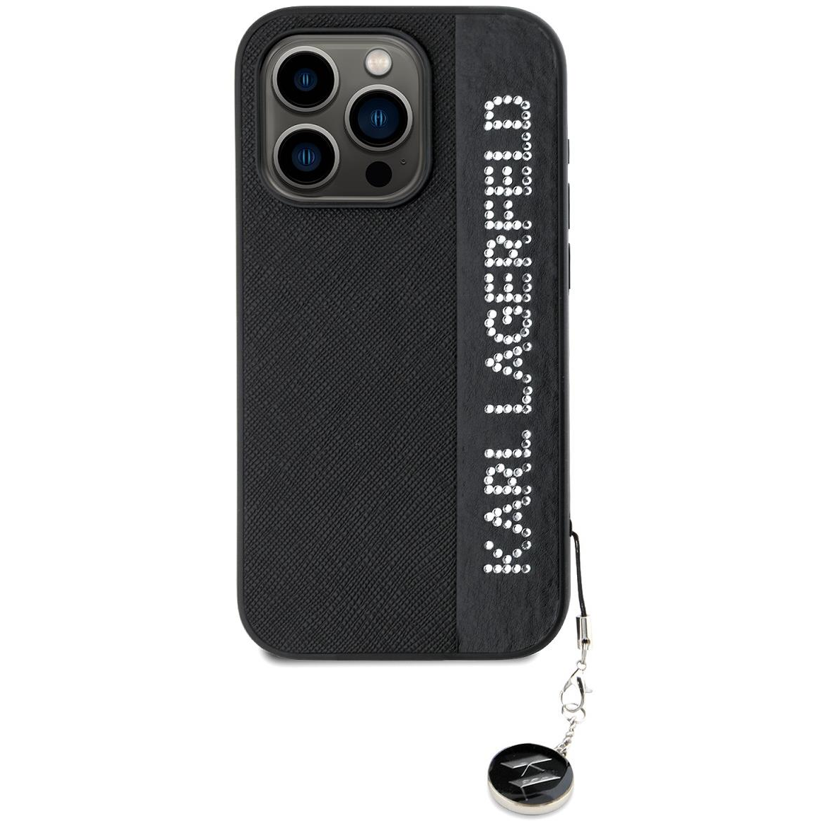 Karl Lagerfeld PU Saffiano Rhinestone Charm iPhone 15 Pro fekete tok (KLHCP15LPSAKDGCK)