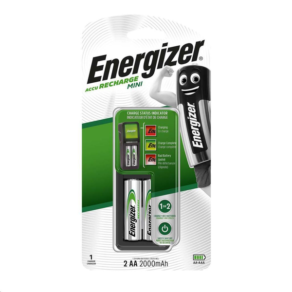 Мини зарядно за батерии (R6/AA, R03/AAA) + 2 x R6/AA батерии, Energizer, 2000 mAh