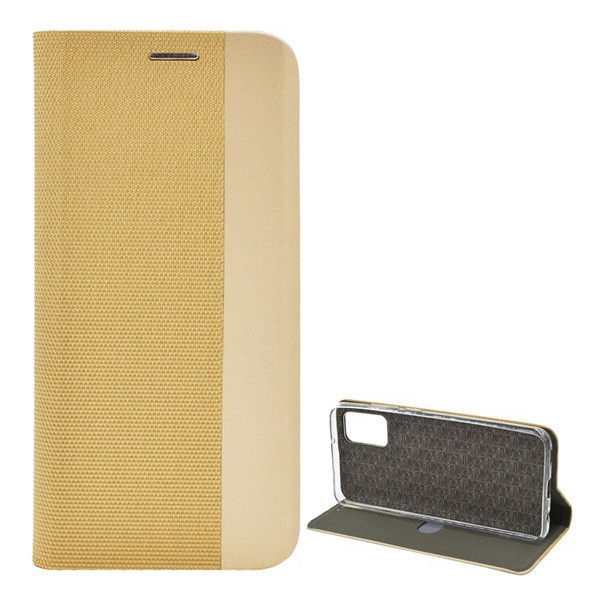 Tok álló, bőr hatású (FLIP, oldalra nyíló, asztali tartó funkció, textil minta) ARANY [Samsung Galaxy A02s (SM-A025F)] (5996591045887)