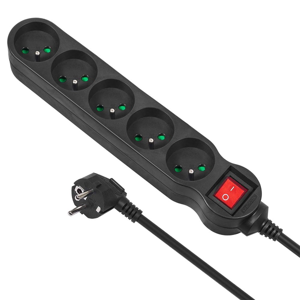 Удължителен кабел Maclean, 5 контакта, с ключ, 3 м, черен, червен