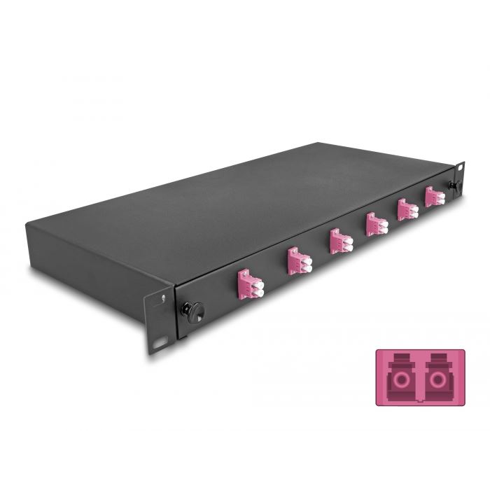 Delock 19” hosszú sínekbe rögzítéshez optikai szálösszefűző doboz, 6db LC Duplex OM4 1U, kompletten összeszerelve (66999) (delock66999)