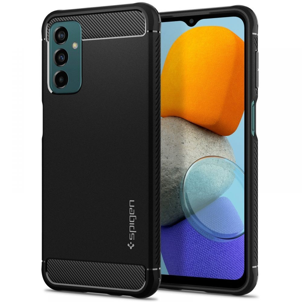 Samsung Galaxy M23 5G SM-M236B, Szilikon tok, Spigen Rugged Armor, karbon minta, fekete (8809811861228)