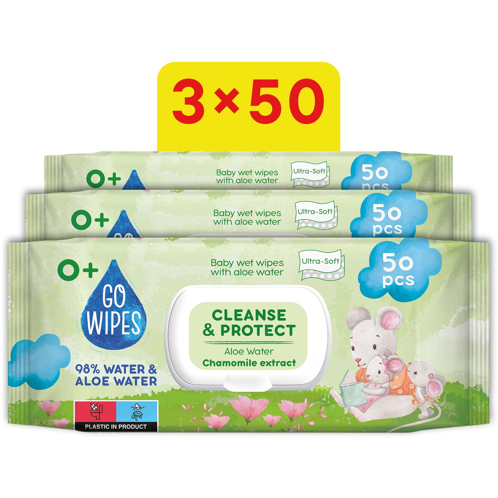 GoWipes Aloe vízzel, kamillás törlőkendő 3× 50 db (150 db) (BABY23200s3)
