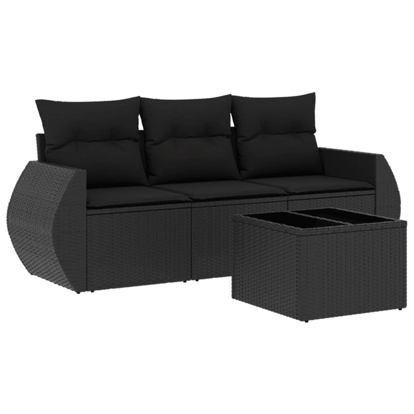 Set mobilier de grădină cu perne, 4 piese, negru, poliratan