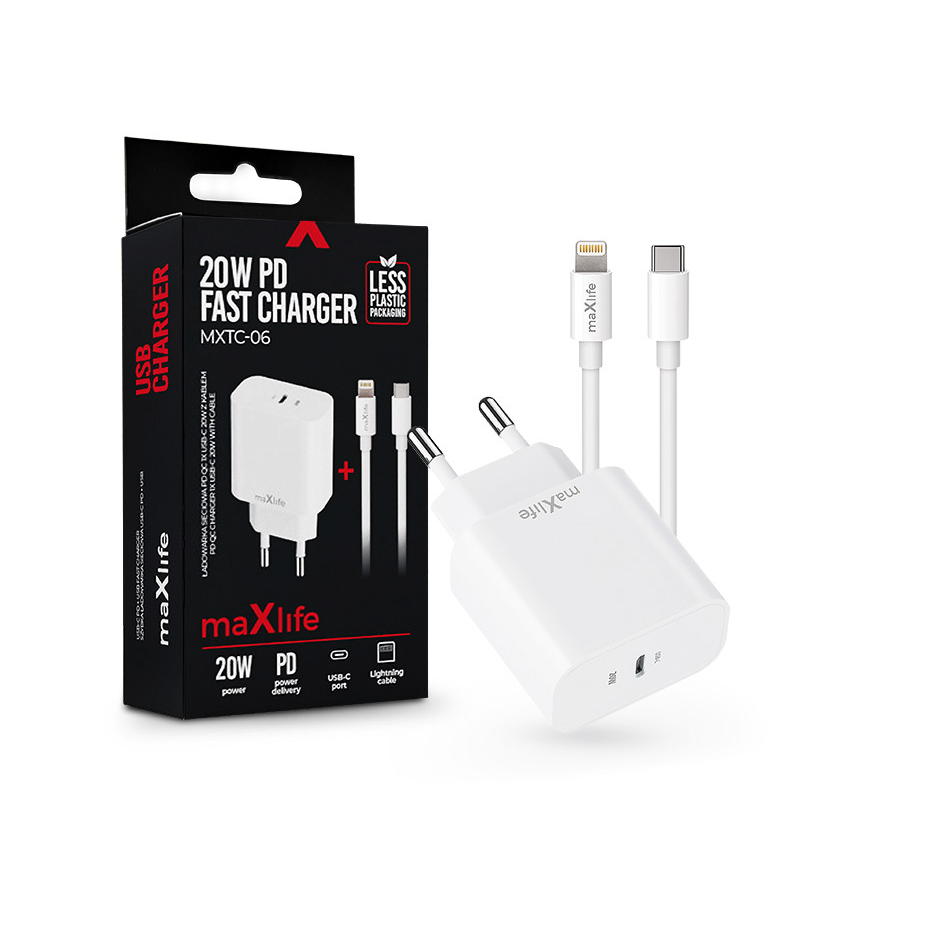 Maxlife MXTC-06 PD+QC 20W gyorstöltő adapter Type-C + Type-C/Lightning kábel - fehér (ML738416)