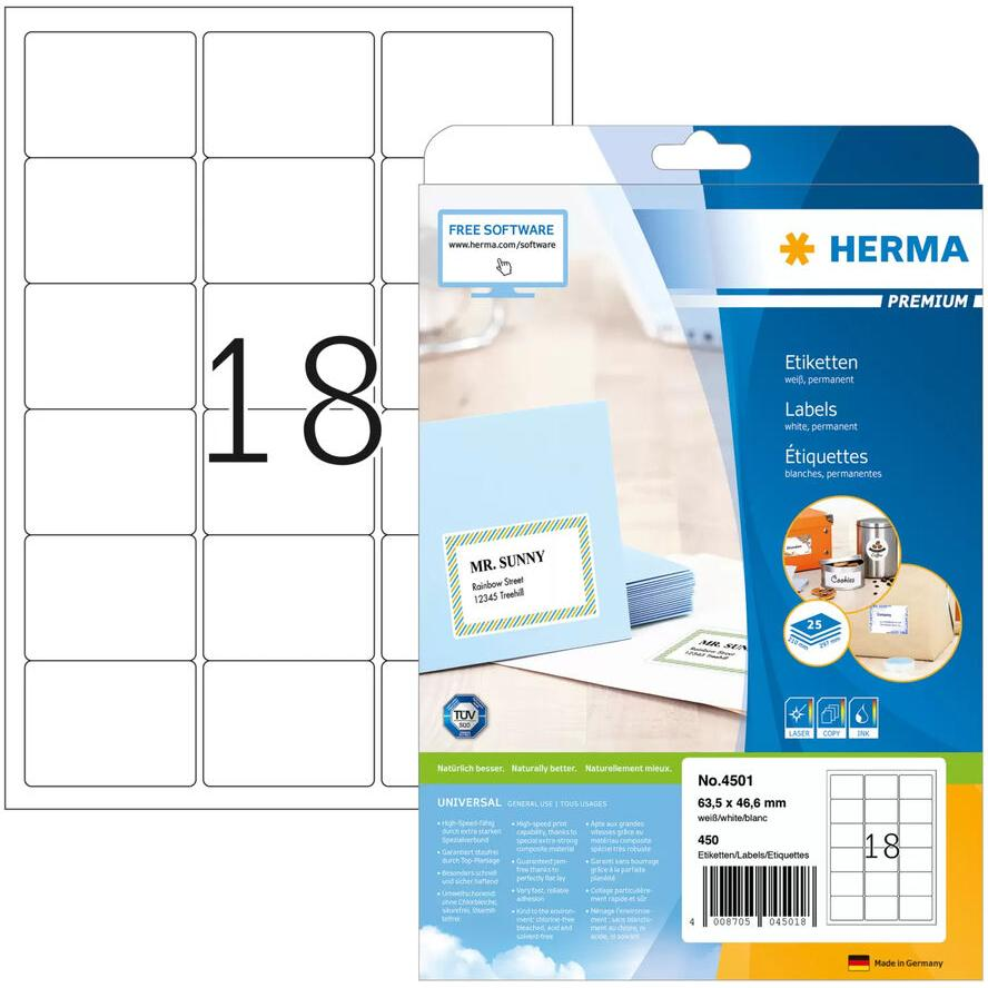 HERMA Adressetiketten Premium A4 weiß 63,5 x 46,6 mm 450St. (4501) (4501)