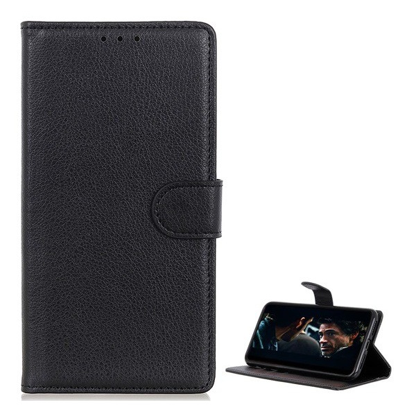 Tok álló, bőr hatású (FLIP, oldalra nyíló, asztali tartó funkció, prémium) FEKETE [Samsung Galaxy A51 (SM-A515F)]