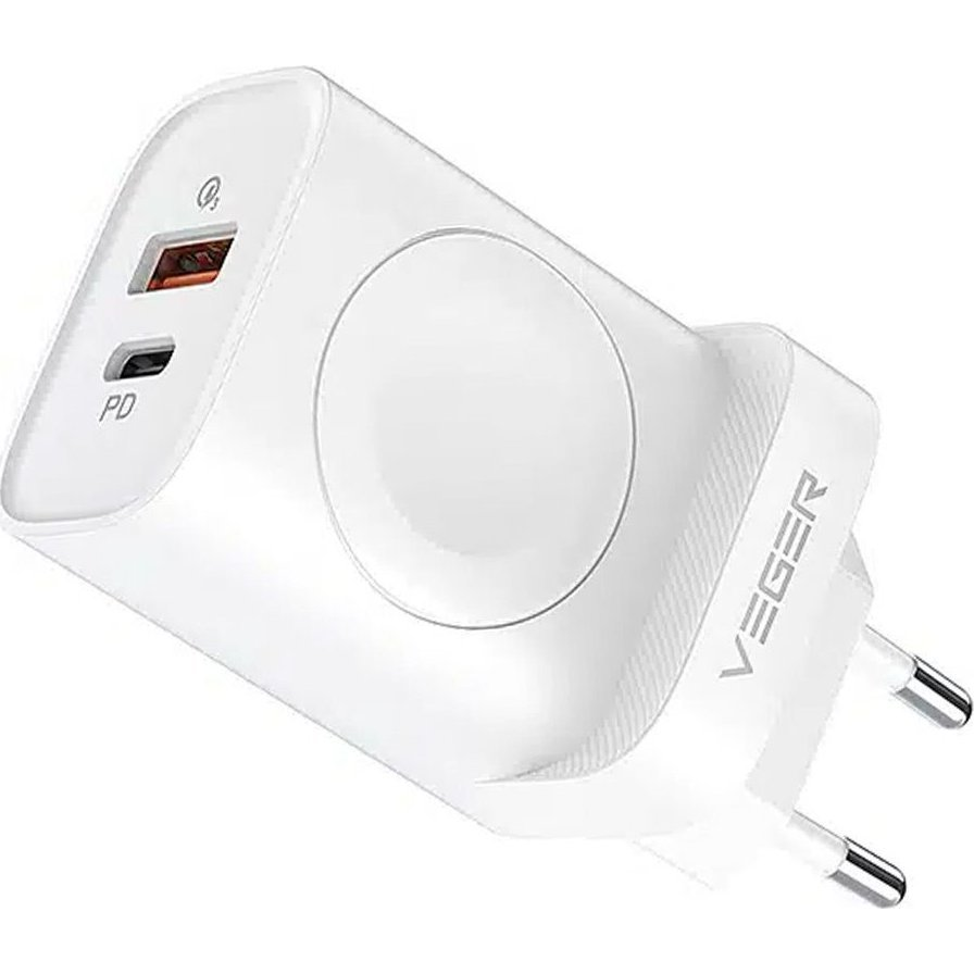 Univerzális Hálózati Gyors Töltőfej, Type-C / Usb + Wireless Töltő Apple Watch, Fehér, 20W, Veger ( )