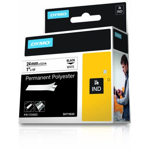 Самозалепващи се промишлени етикети, Dymo ID1, перманентен полиестер от една част, 24 мм x 5,5 м, черно/бяло, 1734523 S0773830