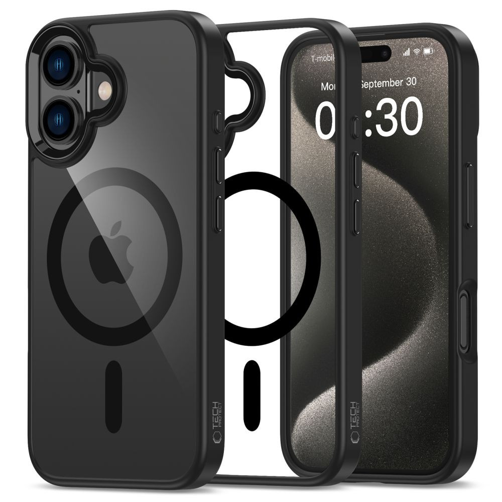 Apple iPhone 16 Plus, Műanyag hátlap védőtok + szilikon keret, Magsafe töltővel kompatibilis, Magmat Magsafe, átlátszó/fekete (5906302311132)