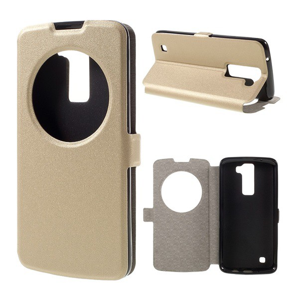 Tok álló, bőr hatású (FLIP, oldalra nyíló, asztali tartó funkció, hívókijelzés, View Window, érdes felület) ARANY [LG K8 (K350n)] (5996457648283)