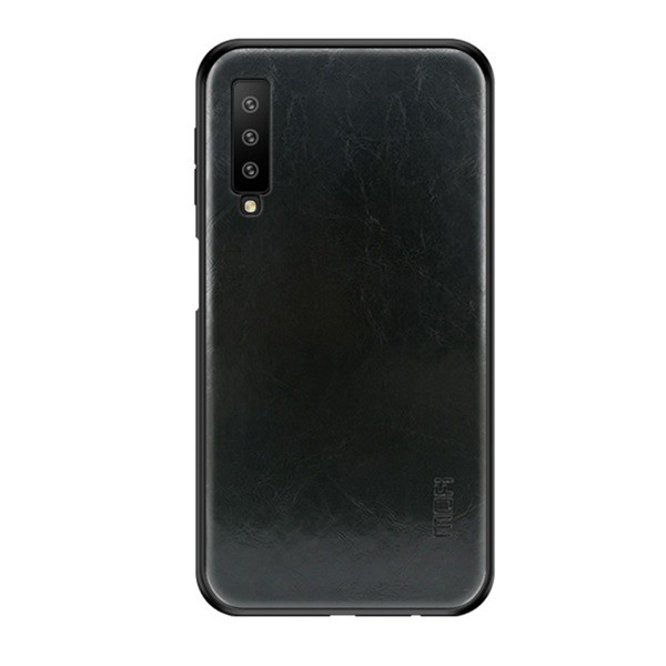 MOFI műanyag telefonvédő (szilikon keret, bőr hatású hátlap) FEKETE [Samsung Galaxy A7 (2018) SM-A750F] (5996457830923)