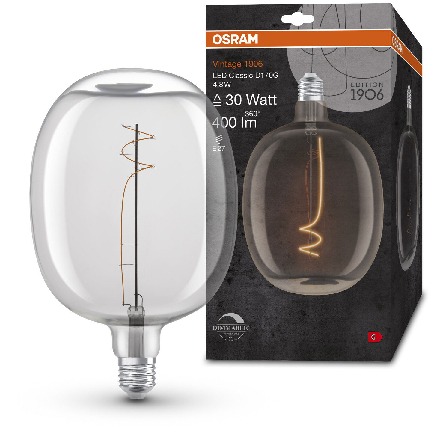 OSRAM Dimmelhető LED Ballon izzó, átlátszó, E27, 4,8 W, VINTAGE, meleg fehér (4058075761919)