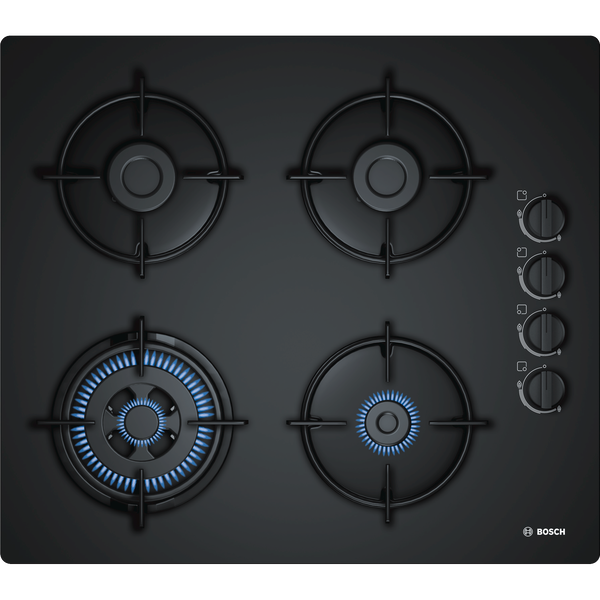Plita incorporabila Bosch POH6B6B10, 4 Arzatoare, Gaz, Aprindere electrica, Arzator Wok, 60 cm, Negru
