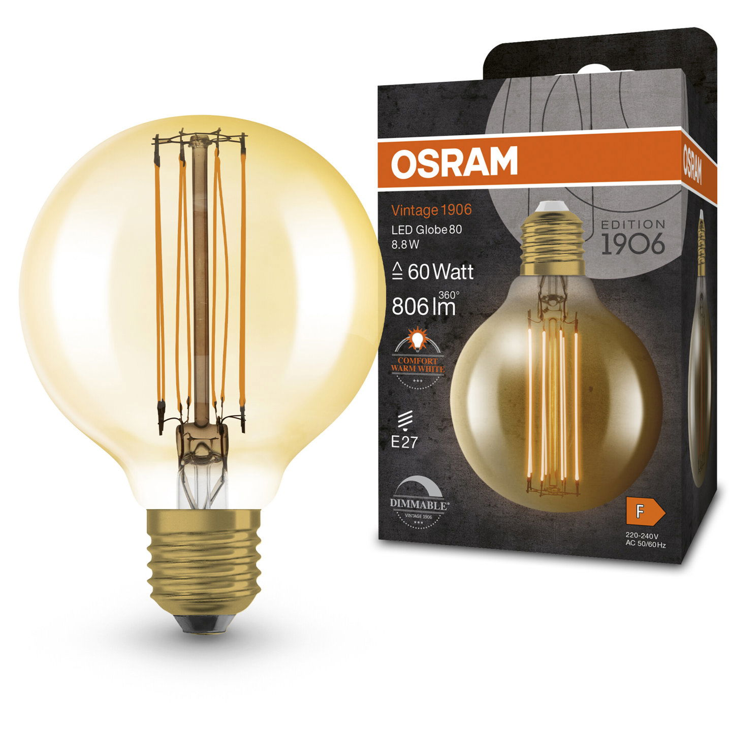 OSRAM Dimmelhető LED izzó, gömb, E27, 8,8 W, VINTAGE, meleg fehér (4099854090943)