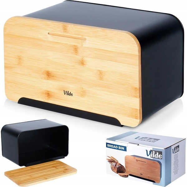 Bread bin Vilde Bread bin Container with Bamboo board Metal Black VILDE 38 x 28.5 x 18 cm