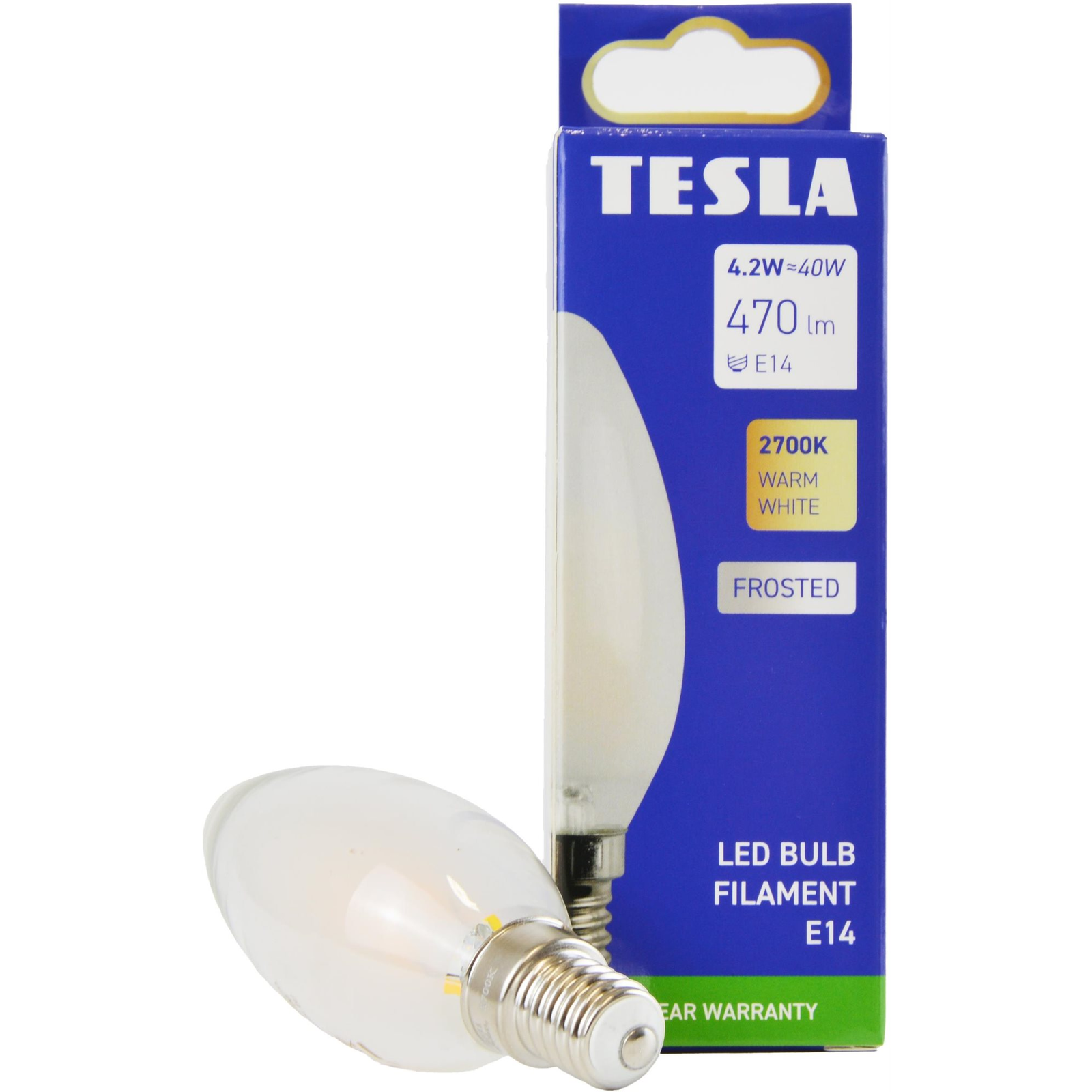 Tesla - FILAMENT RETRO gyertya E14, 4,2W, 230V, 470lm, 25 000h LED izzó, 2700K meleg, tejes (CL144227-1F)