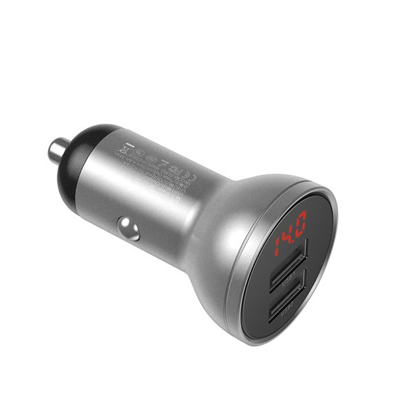 BASEUS autós töltő 2 USB aljzat (5V / 4800mA, 24W, gyorstöltés támogatás, LED kijelző) EZÜST (VCBXA_S)