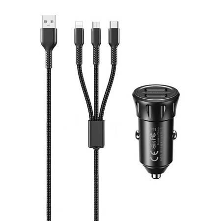 Remax RCC220 autós töltő 2x USB-A fekete + 3 az 1-ben kábel (RCC236 3in1)