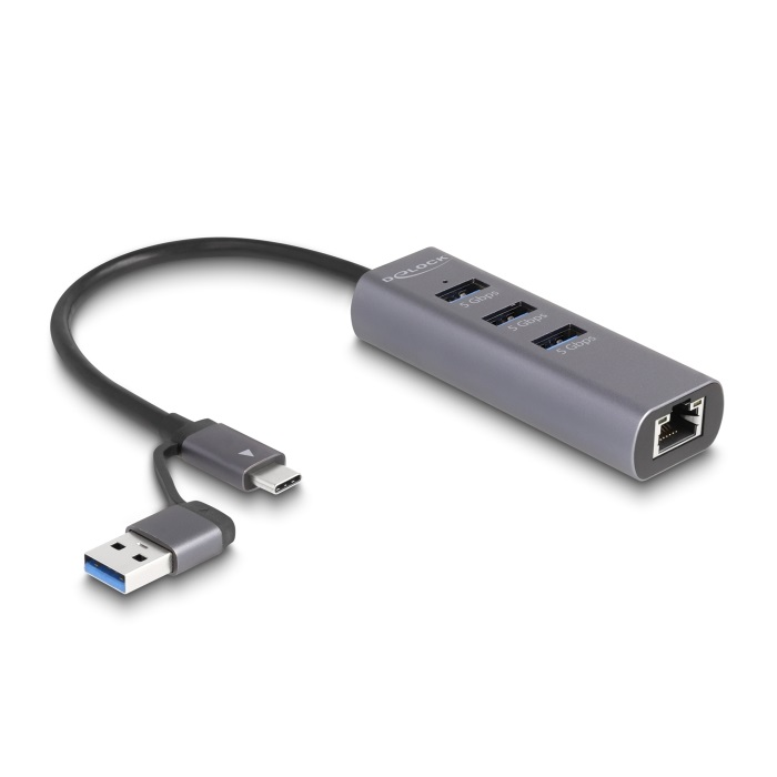 Delock 3 portos USB 5 Gbps Hub + Gigabit LAN USB Type-C csatlakozóval vagy A-típusú USB csatlakozóval fém vázban (64282)